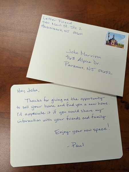 handwritten thank you card with envelope and real stamp for 2026 referral programs
